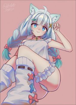 1girl @_@ absurdres ahoge animal_ears ass bell blame_4407 blue_eyes bow braid breasts camisole cat_ears cat_girl collar commentary densetsu.exe frilled_camisole frilled_thigh_strap frills gradient_hair green_hair hair_bow hair_ornament highres leg_warmers long_hair mint_fantome mint_fantome_(otaku) multicolored_hair neck_bell pink_bow pink_collar small_breasts solo thigh_strap thighs twin_braids untranslatable_commentary virtual_youtuber white_hair white_leg_warmers x_hair_ornament