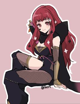 1girl asymmetrical_legwear black_scarf breasts bright_pupils cleavage closed_mouth commentary facial_mark fire_emblem fire_emblem_engage fire_emblem_heroes fishnet_thighhighs fishnets hair_ornament highres long_hair medium_breasts ninja nintendo oda32t official_alternate_costume pink_background red_eyes red_hair scarf simple_background sitting smile solo star_(symbol) star_facial_mark star_hair_ornament symbol-only_commentary thighhighs white_pupils yunaka_(fire_emblem) yunaka_(stealthy_imitator)_(fire_emblem)