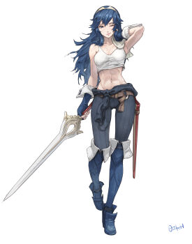 1girl abs after_exercise arm_up armpits artist_name belt blue_eyes blue_footwear blue_gloves blue_hair brown_belt closed_mouth clothes_around_waist commentary crop_top english_commentary falchion_(fire_emblem) fingerless_gloves fire_emblem fire_emblem_awakening full_body gloves highres holding holding_sword holding_weapon long_hair lucina_(fire_emblem) navel nintendo one_eye_closed ozkh pink_lips sheath signature simple_background smile standing stomach sweat sweater sweater_around_waist sword tiara tied_sweater towel weapon white_background wrist_cuffs