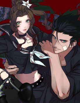 Rule 34 | 1boy, 1girl, aerith gainsborough, aerith gainsborough (midgard seventh high school), bandaid, bandaid on cheek, bandaid on face, black choker, black hair, black jacket, black sailor collar, black serafuku, black skirt, blue eyes, brown hair, choker, closed mouth, cowboy shot, cropped shirt, delinquent, final fantasy, final fantasy vii, final fantasy vii: ever crisis, flower, gakuran, green eyes, hair flower, hair ornament, hand on another's waist, highres, jacket, long hair, looking at viewer, midriff, navel, neckerchief, official alternate costume, open clothes, open jacket, parted bangs, parted lips, ponytail, s sohwagi s, sailor collar, school uniform, serafuku, skirt, spiked hair, sukeban, upper body, white flower, white neckerchief, zack fair, zack fair (midgard seventh high school)