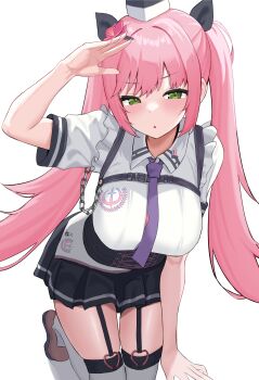 Rule 34 | 1girl, black corset, black skirt, breasts, corset, goddess of victory: nikke, green eyes, highres, large breasts, looking at viewer, necktie, pink hair, purple necktie, quiry (nikke), shirt, simple background, skirt, solo, thighhighs, thighs, twintails, white background, white shirt, xi oshir1