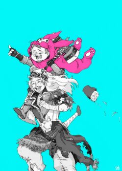 2boys aqua_background armor bad_id bad_pixiv_id beard boots carrying facial_hair fingerless_gloves food french_fries gloves grimms_notes hammer highres holding holding_hammer john_silver_(grimms_notes) john_silver_(original)_(grimms_notes) long_hair male_focus misoshiru_umai4 multiple_boys mustache old old_man open_mouth piggyback pointing pointing_forward running sancho_panza_(grimms_notes) short_hair simple_background smile spiked_hair sword teeth tongue weapon