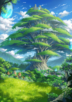 absurdres blue_sky building cloud commentary_request concept_art day fantasy grass highres murakoyafactory no_humans original outdoors oversized_plant plant plant_focus scenery sky tree