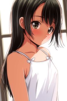 Rule 34 | 1girl, absurdres, bare shoulders, black hair, blush, breasts, brown eyes, camisole, closed mouth, commentary request, highres, long hair, looking at viewer, matsunaga kouyou, nose blush, original, small breasts, solo, upper body, white camisole, window