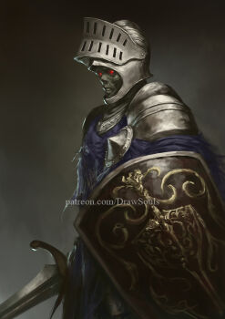 1other artist_name dark_souls_(series) dark_souls_iii draw_souls glowing glowing_eyes grey_background hashtag-only_commentary helmet holding holding_shield holding_sword holding_weapon knight lothric_knight patreon_username red_eyes shield standing sword visor_(armor) watermark weapon