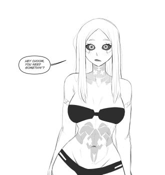 1girl abs absurdres bare_shoulders bikini black_bikini breasts cowboy_shot cyberpunk:_edgerunners cyberpunk_(series) english_text grey_eyes greyscale highres looking_at_another lower_teeth_only medium_breasts monochrome navel neck_tattoo open_mouth rebecca_(cyberpunk) sidelocks simple_background sketch solo speech_bubble stomach_tattoo swimsuit talking tattoo teeth truelordpotato white_background white_hair
