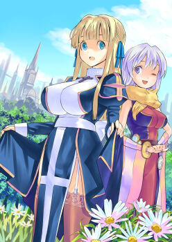 2girls alternate_color blonde_hair blue_eyes blunt_bangs breasts cross garter_belt high_priest_(ragnarok_online) huge_breasts impossible_clothes impossible_shirt multiple_girls one_eye_closed professor professor_(ragnarok_online) purple_eyes purple_hair ragnarok_online scholar_(ro) shirt thighhighs wink yaten