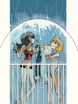 2girls barefoot belt black_belt black_hair bracelet breasts closed_mouth crop_top flipped_hair hands_up highres jacket jewelry lab_coat long_hair looking_at_another midriff misty_(pokemon) multiple_girls navel nintendo one-piece_swimsuit open_clothes open_mouth orange_hair pants pokemon pokemon_hgss railing rain sabrina_(pokemon) shirt short_hair standing swimsuit to_rikan unworn_jacket water white_jacket white_one-piece_swimsuit white_pants