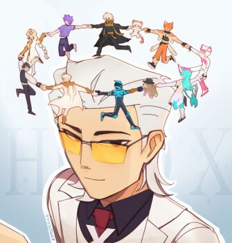 1boy ahu_(to_be_hero_x) big_johnny_(to_be_hero_x) black_eyes black_shirt character_doll coat collared_shirt dizzy doll dragon_boy_(to_be_hero_x) e-soul_(to_be_hero_x) english_text everyone fake_halo ghostblade_(to_be_hero_x) hair_slicked_back halo highres holding_hands kymeraka lin_ling_(to_be_hero_x) little_johnny_(to_be_hero_x) loli_(to_be_hero_x) looking_at_another looking_at_viewer lucky_cyan_(to_be_hero_x) male_focus mini_person miniboy minigirl mullet necktie nice_(to_be_hero_x) queen_(to_be_hero_x) red_necktie running shirt smile symbolism tinted_eyewear to_be_hero to_be_hero_x vest walking white_coat white_hair white_vest x_(symbol) yellow-tinted_eyewear