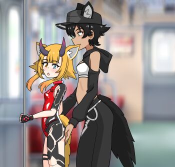 2girls absurdres animal_ears breasts choker clothing_aside collar commission cropped_hoodie deuman fingering fox_ears fox_girl fox_tail grabbing_another&#039;s_ass grabbing_from_behind groping heterochromia highleg highleg_leotard highres hood hoodie horns leotard loli looking_back macey molestation multiple_girls older_female_and_younger_female one-piece_swimsuit pants phantasy_star phantasy_star_online_2 public_indecency sarayah size_difference small_breasts sports_bra sweatpants swimsuit tail tattoo tomboy train train_interior wolf_ears wolf_girl wolf_tail yiku1707 yuri