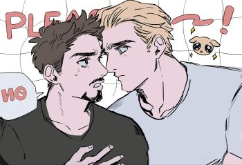 Rule 34 | !, 2boys, animification, avengers (series), black eyes, black shirt, blonde hair, blue eyes, blush, brown hair, checkered background, closed mouth, collarbone, commentary, english commentary, english text, facial hair, fingernails, highres, kacha0404, looking at another, male focus, marvel, multiple boys, shirt, short hair, short sleeves, sparkle, speech bubble, steve rogers, sweatdrop, t-shirt, teeth, tony stark, upper body, v-shaped eyebrows, white background, white shirt, yaoi