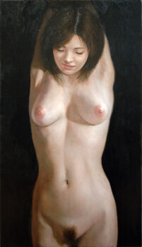 1girl arms_up black_background black_hair breasts closed_eyes closed_mouth commentary_request completely_nude cowboy_shot female_pubic_hair highres kaworu_(pixiv2055) linea_alba medium_breasts navel nipples nude oil_painting_(medium) original painting_(medium) photorealistic pubic_hair realistic red_lips short_hair solo standing stomach traditional_media