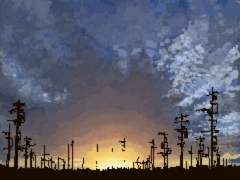 blue_sky cloud cloudy_sky commentary_request highres hisachan55cute no_humans original outdoors pixel_art scenery sky sunset tree