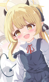 1girl :d absurdres ahoge black_dress blonde_hair blue_archive blue_dress blush brown_eyes collared_shirt demon_girl demon_horns demon_tail demon_wings dress fang halo hatuyuki_1017 highres horns ibuki_(blue_archive) long_hair long_sleeves mini_wings neck_ribbon open_mouth pointy_ears ribbon shirt sleeveless sleeveless_dress smile solo striped_background tail twintails very_long_hair white_shirt wings