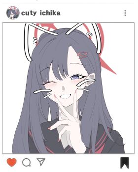 Rule 34 | 1girl, absurdres, amebrew, black hair, black sailor collar, black shirt, blue archive, blush, character name, commentary request, drawn ears, drawn whiskers, earrings, fingernails, hair ornament, hairclip, halo, hand up, heart, highres, ichika (blue archive), instagram, jewelry, long fingernails, long hair, long sleeves, looking at viewer, nail polish, one eye closed, pink nails, purple eyes, sailor collar, school uniform, serafuku, sharp fingernails, shirt, simple background, smile, solo, speech bubble, stud earrings, unusually open eyes, upper body, v, v over mouth, white background