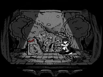 1boy 9twoeight antenna_hair aubrey_(headspace)_(omori) aubrey_(omori) basil_(headspace)_(omori) basil_(omori) black_eyes black_hair black_shorts black_socks black_tank_top cardboard_cutout colored_skin double-parted_bangs greyscale hair_between_eyes hero_(headspace)_(omori) hero_(omori) highres kel_(headspace)_(omori) kel_(omori) knees_up knife male_focus mari_(headspace)_(omori) mari_(omori) monochrome no_mouth omori omori_(omori) short_hair shorts sitting socks solo spot_color stage striped_clothes striped_shorts tank_top two-tone_shorts vertical-striped_clothes vertical-striped_shorts white_shorts white_skin