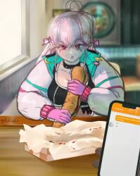 1girl animated black_collar black_sports_bra breasts cellphone cleavage collar eating facial_tattoo gloves goddess_of_victory:_nikke gradient_hair grey_hair hair_between_eyes hair_ornament hair_ribbon hairclip heart heart_tattoo interior jackal_(nikke) jacket large_breasts long_hair low_twintails lowres multicolored_hair multicolored_jacket phone pink_gloves pink_hair pink_ribbon ppalladdinn red_eyes ribbon saliva sandwiched sexually_suggestive side_ponytail sidelocks smartphone spiked_collar spikes sports_bra streaked_hair swallowing tagme tattoo text_messaging tongue tongue_out twintails two-sided_fabric two-sided_jacket two-tone_gloves v video viper_(nikke) white_gloves white_jacket
