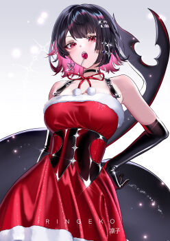 Rule 34 | 1girl, absurdres, alternate costume, artist name, bare shoulders, black choker, black gloves, black hair, breasts, choker, colored inner hair, commentary, dress, earrings, elbow gloves, ellen joe, fins, fish tail, fur-trimmed dress, fur trim, gloves, hair ornament, hand on own hip, highres, jewelry, large breasts, lollipop in mouth, looking at viewer, mole, mole under eye, multicolored hair, multiple moles, pink hair, red dress, red eyes, ringeko-chan, shark girl, shark tail, sharp teeth, short hair, solo, tail, teeth, zenless zone zero