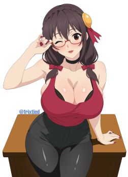 1girl absurdres adjusting_eyewear against_table alternate_costume anime_coloring arm_support bare_shoulders bespectacled black_bra black_pantyhose black_shorts blush bow bra bra_peek braid breasts cleavage collarbone commentary crown_braid english_commentary frixtied glasses gluteal_fold hair_bow hair_ornament hand_up highres kono_subarashii_sekai_ni_shukufuku_wo! large_breasts lips long_hair looking_at_viewer low_twintails nail_polish one_eye_closed pantyhose pantyhose_under_shorts parted_lips red-framed_eyewear red_bow red_eyes red_nails red_shirt semi-rimless_eyewear shirt short_shorts shorts simple_background sleeveless sleeveless_shirt solo table twintails twitter_username under-rim_eyewear underwear white_background yunyun_(konosuba)