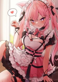 1girl absurdres animal_ears antenna_hair apron bib_collar black_collar black_ribbon bow bowtie braid breasts chest_harness cleavage cleavage_cutout clothing_cutout collar commentary day detached_collar dress extra_ears framed_breasts frilled_apron frilled_dress frilled_shirt_collar frills hair_ribbon hakui_koyori hakui_koyori_(dark_maid) half_up_braid harness heart heart-shaped_pupils heart_o-ring highres hololive indoors large_breasts layered_dress long_hair looking_at_viewer maid_headdress matcha_amigo o-ring o-ring_harness o-ring_thigh_strap official_alternate_costume official_alternate_hairstyle paw_pose pink_bow pink_bowtie pink_dress pink_hair purple_eyes ribbon short_dress short_sleeves sitting solo spoken_heart symbol-shaped_pupils tail thigh_strap twintails virtual_youtuber waist_apron white_apron wolf_ears wolf_girl wolf_tail