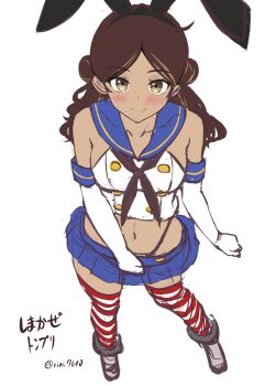 1girl black_hairband black_neckerchief black_panties blue_sailor_collar blue_skirt breasts brown_eyes brown_hair character_name commentary_request cosplay crop_top dark-skinned_female dark_skin double_bun elbow_gloves from_above full_body gloves hair_bun hairband highleg highleg_panties highres ichikawa_feesu kantai_collection microskirt miniskirt multicolored_hair neckerchief panties pleated_skirt sailor_collar shimakaze_(kancolle) shimakaze_(kancolle)_(cosplay) shirt simple_background skirt sleeveless sleeveless_shirt small_breasts solo streaked_hair striped_clothes striped_thighhighs thighhighs thonburi_(kancolle) twitter_username underwear white_background white_gloves