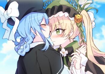 2girls artist_request black_hat blonde_hair blue_hair blue_sky blush bonnet braid braided_hair_rings commentary_request commission deerstalker earrings flower from_side green_eyes hair_rings hand_on_another&#039;s_shoulder hat highres jewelry kiss kissing_forehead korean_commentary lolita_fashion long_hair looking_at_another mahou_shoujo_no_majo_saiban multiple_girls neck_ribbon ribbon second-party_source short_hair sky tachibana_sherry tono_hanna twintails white_flower yellow_eyes yuri