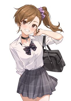 1girl absurdres b1ack_illust bag black_bag black_bow black_bowtie black_choker bow bowtie brown_hair choker commentary_request commission futami_mami grey_skirt hair_ornament hair_scrunchie highres idolmaster looking_at_viewer pink_scrunchie pixiv_commission plaid_clothes plaid_skirt school_bag scrunchie shirt simple_background skirt solo white_background white_shirt