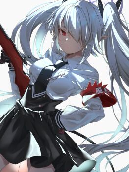 armband asymmetrical_bangs black_gloves black_necktie black_ribbon black_skirt black_tail blue_archive bolt_action breasts commentary_request dark-skinned_female dark_skin demon_tail gloves grey_hair gun hair_over_one_eye hair_ribbon hand_on_own_hip high-waist_skirt highres holding holding_gun holding_weapon iori_(blue_archive) kuu_(user_gngs5284) long_bangs long_hair long_sleeves mauser_98 necktie pointy_ears red_armband red_eyes ribbon rifle shirt simple_background skirt small_breasts tail twintails v-shaped_eyebrows very_long_hair weapon white_background white_shirt