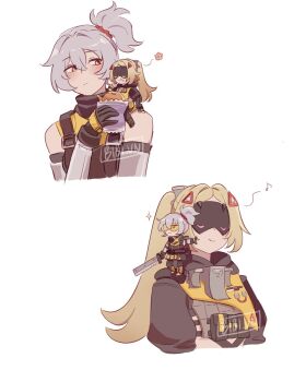 2girls bbvanna_art blindfold blonde_hair blush brown_eyes chibi closed_mouth commentary eating english_commentary hashtag-only_commentary heart highres long_hair looking_at_another multiple_girls ponytail simple_background smile soldier_11_(zenless_zone_zero) trigger_(zenless_zone_zero) upper_body white_background white_hair yuri zenless_zone_zero