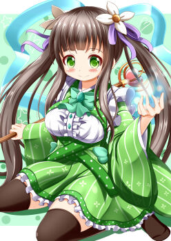 Rule 34 | 1girl, ama usa an uniform, black hair, black thighhighs, blush, bow, bowtie, breasts, flower, flower ornament, gochuumon wa usagi desu ka?, green bow, green bowtie, green eyes, hair flower, hair ornament, highres, hime cut, japanese clothes, large breasts, long hair, magical girl, male focus, smile, staff, thighhighs, twintails, ujimatsu chiya, wide sleeves, xenon (for achieve)