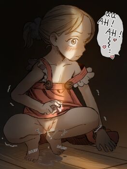 1girl after_masturbation barefoot blonde_hair blush cleft_of_venus closed_mouth dark dim_lighting dress english_text feet female_focus flat_chest full_body heart highres implied_sex indoors loli no_panties original pokoro ponytail pussy pussy_juice pussy_juice_puddle scrunchie solo speech_bubble spread_legs squatting strap_slip tiptoes toes trembling uncensored voyeurism watching
