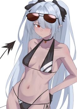 1girl absurdres bikini black_bikini blue_archive dark-skinned_female dark_skin demon_tail eyewear_on_head hair_over_one_eye highres iori_(blue_archive) iori_(swimsuit)_(blue_archive) k_dhen multi-strapped_bikini_bottom official_alternate_costume pointy_ears side-tie_bikini_bottom solo string_bikini sunglasses swimsuit tail