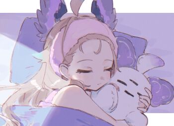 1girl ahoge blonde_hair closed_eyes closed_mouth enna_alouette forehead fukasigi64 hashtag-only_commentary head_wings headband hug light_blush long_hair nijisanji nijisanji_en pillow pink_headband sleeping under_covers virtual_youtuber wings