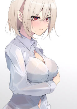 Rule 34 | 1girl, absurdres, arm under breasts, breasts, brown hair, commentary request, from side, heaven burns red, highres, kayamori ruka, large breasts, natsuki (muravito), red eyes, see-through clothes, simple background