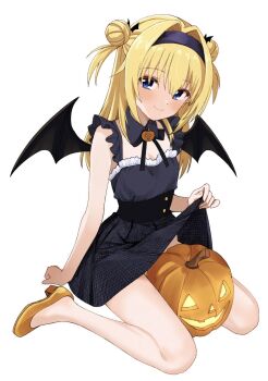 1girl alternate_costume arm_at_side between_legs black_dress black_hairband black_ribbon blonde_hair blue_eyes blush chitose_sana clenched_hand closed_mouth clothes_lift commentary demon_wings detached_collar double_bun dress dress_lift fake_wings film_grain frilled_dress frills full_body hair_between_eyes hair_bun hair_intakes hair_ribbon hairband halloween halloween_costume hand_up highres jack-o&#039;-lantern lifting_own_clothes long_hair looking_at_viewer neck_ribbon no_socks orange_shoes pumpkin ribbon seductive_smile shoes sidelocks simple_background sitting sleeveless sleeveless_dress smile solo straight_hair tenshinranman tft_(tft7822) thighs two_side_up wariza white_background wings