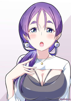 1girl :o absurdres bad_id bad_pixiv_id black_bra blue_eyes blush bra breasts cleavage cleavage_cutout clothing_cutout commentary_request earrings fate_(series) hair_over_shoulder highres hot jewelry large_breasts long_hair looking_at_viewer low_ponytail low_tied_hair minamoto_no_raikou_(fate) necklace open_mouth oyu_(suukaizou) parted_bangs ponytail purple_hair shirt solo thick_eyebrows underwear upper_body water white_shirt