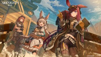 3girls :o absurdres against_wall alanna_(arknights) animal animal_ears arknights backpack bag bandaged_hand bandages black_pants black_shirt black_shorts blue_sky breasts brown_eyes brown_jacket brown_pantyhose building clipboard company_name copyright_name copyright_notice crop_top cropped_jacket dress feet_out_of_frame fence gloves goggles goggles_on_head grey_hair highres holding holding_animal holding_clipboard jacket kuroi_susumu layered_skirt long_hair long_sleeves looking_at_another medium_breasts multiple_girls official_art open_mouth orange_hair outdoors pants pantyhose pantyhose_under_shorts pointing pointing_to_the_side purple_eyes purple_hair rabbit_ears ray_(arknights) sandbeast_(arknights) shirt shorts skirt sky smile teeth upper_teeth_only visor_cap warmy_(arknights) white_dress wooden_fence yellow_gloves