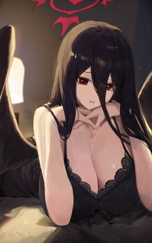 1girl absurdres alternate_costume babydoll black_babydoll black_hair black_wings blue_archive breasts chinese_commentary cleavage commentary_request feathered_wings hair_between_eyes halo hasumi_(blue_archive) highres huge_breasts jianjia large_breasts long_hair long_hair_between_eyes looking_at_viewer low_wings lying mole mole_under_eye oversized_wings red_eyes red_halo solo wings