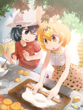 2girls animal_ears animal_print bad_id bad_pixiv_id bandaged_fingers bandages bandaid bandaid_on_hand bare_arms bare_shoulders black_hair blonde_hair book bow bowl bowtie butter commentary_request day extra_ears food fruit hair_between_eyes hat hat_feather helmet high-waist_skirt highres holding holding_book kaban_(kemono_friends) kemono_friends kneading_dough leaf light_blush magarikado_(silyadannki) mandarin_orange multiple_girls one_eye_closed open_mouth orange_bow orange_bowtie outdoors pith_helmet print_bow print_bowtie print_skirt red_shirt salt_shaker serval_(kemono_friends) shirt short_hair short_sleeves shorts skirt sleeveless sleeveless_shirt smile spoon striped_tail tail two-tone_bow two-tone_bowtie v-shaped_eyebrows white_bow white_bowtie white_shirt white_shorts yellow_skirt