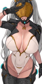 1girl absurdres armor assault_visor black_gloves breasts breasts_apart bunny_(the_first_descendant) cameltoe commentary covered_navel cropped_jacket edmun6969 facing_viewer gloves grey_hair grin groin helmet highleg highleg_leotard highres huge_breasts leotard long_hair salute smile standing the_first_descendant thigh_gap twintails white_background white_leotard