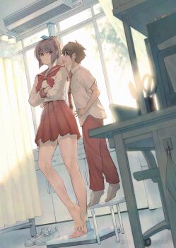 1boy 1girl air_conditioner bare_legs barefoot brown_hair closed_mouth commentary_request commission crossed_arms green_eyes height_difference highres inaba_makoto indoors koeda_yuki_(koushinchou_no_kouhai_to_teishinchou_no_senpai_ga_renai_ni_hatten_suru_made) koushinchou_no_kouhai_to_teishinchou_no_senpai_ga_renai_ni_hatten_suru_made long_sleeves necktie no_shoes oohara_misaki_(koushinchou_no_kouhai_to_teishinchou_no_senpai_ga_renai_ni_hatten_suru_made) pants pleated_skirt purple_hair red_necktie red_pants red_sailor_collar red_skirt sailor_collar school_uniform serafuku shirt shoes short_hair short_sleeves skeb_commission skirt smile smug socks standing tall_female unworn_shoes uwabaki white_shirt window