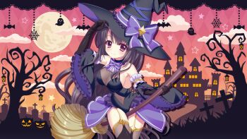 1girl argyle_background armpits bat_ornament black_gloves black_hair black_hat black_leotard black_sleeves black_thighhighs bow breasts broom broom_riding candy castle closed_mouth cloud covered_navel cowboy_shot detached_sleeves dot_nose elbow_gloves fence film_grain food full_moon game_cg ghost_ornament gloves gradient_sky graveyard halloween halloween_costume hand_on_headwear hat hat_bow hat_ribbon holding holding_broom ichikishima_mizuha izumi_tsubasu jack-o&#039;-lantern lantern large_breasts large_hat leotard long_hair looking_at_viewer moon non-web_source official_art orange_sky path purple_bow purple_eyes purple_ribbon purple_skirt re:stage! red_sky ribbon road see-through_cleavage see-through_clothes showgirl_skirt sideboob silk skirt sky sleeveless smile solo spider_web star_(symbol) thighhighs tombstone tree very_long_hair wide_brim wide_sleeves witch_hat