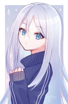 1girl blue_eyes blue_jacket border closed_mouth commentary_request frown hair_between_eyes highres jacket long_hair long_sleeves looking_at_viewer project_sekai signature sketch sleeves_past_wrists solo sparkle track_jacket very_long_hair white_border white_hair yoisaki_kanade yukimura_88