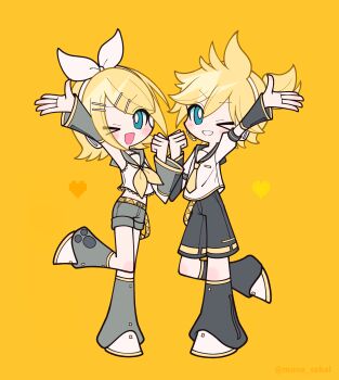 >_o 1boy 1girl ;d arm_up arm_warmers black_shorts blonde_hair blue_eyes blush_stickers bright_pupils brother_and_sister commentary_request crop_top cropped_shirt double-parted_bangs full_body grey_sailor_collar grey_shorts grin hair_between_eyes hair_ornament hair_ribbon hairclip heart highres kagamine_len kagamine_rin leg_warmers looking_at_viewer mone_sekai neckerchief necktie one_eye_closed open_mouth parallel_hairclips parted_bangs ribbon sailor_collar shirt shoes short_hair short_sleeves shorts siblings simple_background sleeveless sleeveless_shirt smile standing standing_on_one_leg twins twitter_username vocaloid white_pupils white_ribbon white_shirt white_shoes yellow_background yellow_neckerchief yellow_necktie