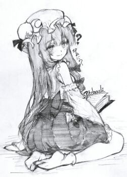 Rule 34 | 1girl, ?, absurdres, alternate costume, blush, book, carbohydrate (asta4282), character name, closed mouth, commentary request, crescent, crescent hat ornament, detached sleeves, greyscale, hat, hat ornament, highres, long hair, looking at viewer, mob cap, monochrome, patchouli knowledge, shirt, sitting, skirt, smile, socks, solo, touhou, traditional media, translation request, very long hair