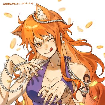 1girl ;q animal_ear_fluff animal_ears bangle bare_shoulders beads blush bracelet breasts cat_ears cleavage closed_mouth coin collarbone commentary dated dress earrings extra_ears gold_coin hair_beads hair_ornament halterneck hands_up highres jewelry large_breasts long_hair looking_at_viewer nami_(one_piece) official_alternate_costume one_eye_closed one_piece orange_eyes orange_hair pearl_earrings purple_dress sa_alkali22 shoulder_tattoo simple_background single_sidelock smile solo symbol-only_commentary tattoo tongue tongue_out twitter_username upper_body wavy_hair white_background