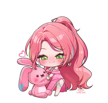 1girl absurdres artist_name blue_hair blush bow bow_earrings bracelet charachan900 chibi chibi_only closed_mouth dress earrings green_eyes green_hair hanako_nana heart highres jewelry multicolored_hair necklace off-shoulder_dress off_shoulder peto_(hanako_nana) pink_dress pink_hair ponytail simple_background stellive streaked_hair thigh_strap virtual_youtuber white_background