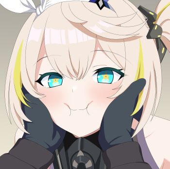 1girl 1other bare_shoulders black_gloves blonde_hair blue_eyes blush commentary_request girls'_frontline girls'_frontline_2:_exilium gloves green_hair hair_between_eyes hair_ribbon hands_on_another's_cheeks hands_on_another's_face highres long_hair looking_at_viewer multicolored_hair pov ribbon sharkry_(girls'_frontline_2) side_ponytail solo_focus squeezing_cheeks star-shaped_pupils star_(symbol) streaked_hair sumiboshi_(zatsuha) symbol-shaped_pupils two-tone_hair upper_body white_ribbon