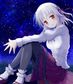 1girl :d absurdres black_pantyhose blush breasts center_frills commentary_request frilled_shirt frilled_skirt frilled_socks frills from_side full_body hair_between_eyes hair_ribbon highres hoshizora_no_memoria knees_up long_sleeves looking_at_viewer medium_breasts medium_hair medium_skirt night open_mouth orange_eyes ototsu_yume outdoors outstretched_hand own_hands_together pantyhose pleated_skirt red_ribbon red_shoes red_skirt ribbon shirt shoes sidelighting sitting skirt sky smile socks solo star_(sky) starry_sky steepled_fingers two_side_up user_gesz2338 white_hair white_shirt white_socks