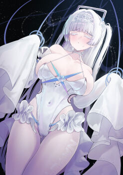 Rule 34 | 1girl, absurdres, bare shoulders, blush, breasts, cleavage, closed eyes, colored eyelashes, commentary request, cosplay, covered navel, detached sleeves, embarrassed, frills, goddess of victory: nikke, hair intakes, highres, large breasts, leotard, liberalio (nikke), liberalio (nikke) (cosplay), long hair, long sleeves, mole, mole on breast, nayuta (nikke), pantyhose, skirt, sleeves past fingers, sleeves past wrists, solo, sxrxri a, thick eyelashes, very long hair, white eyelashes, white hair, white leotard, white pantyhose